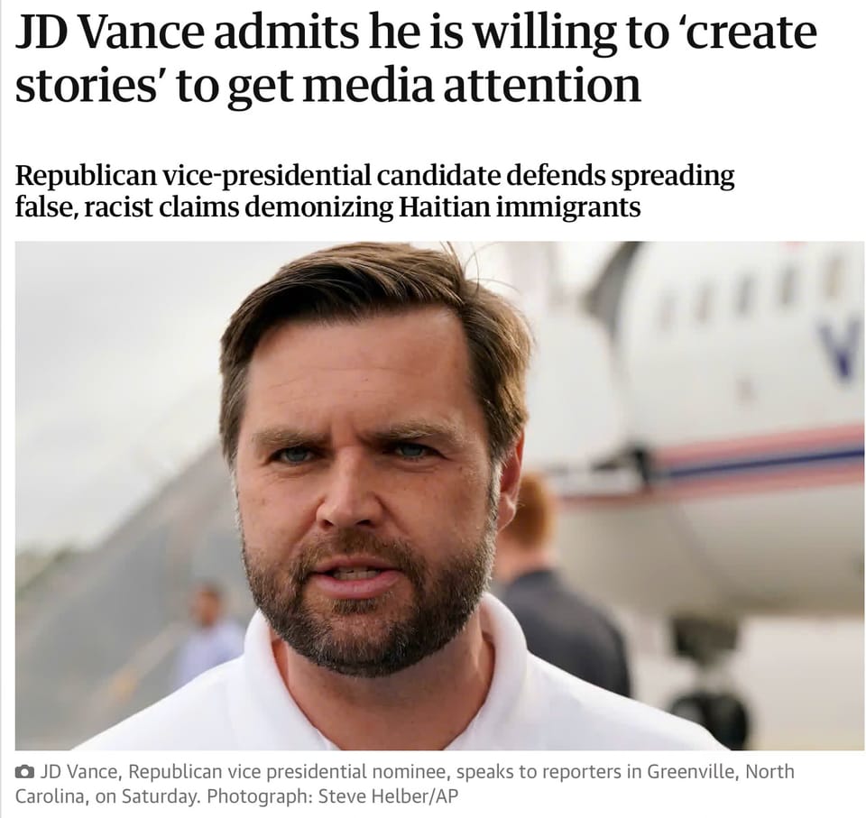 JD Vance admits lying about immigrants for media attention. Will the media keep giving him what he wants?