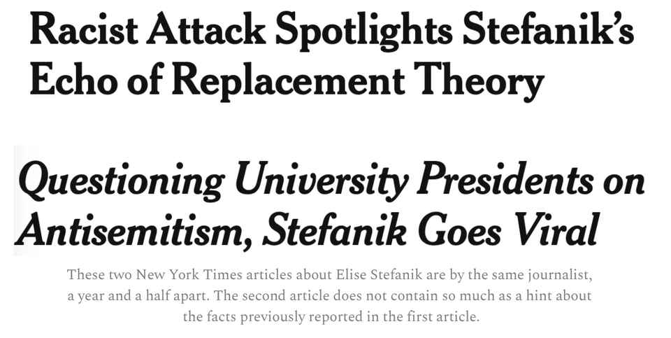 Why won't the NYT tell readers Elise Stefanik supports antisemites and spreads antisemitic lies?