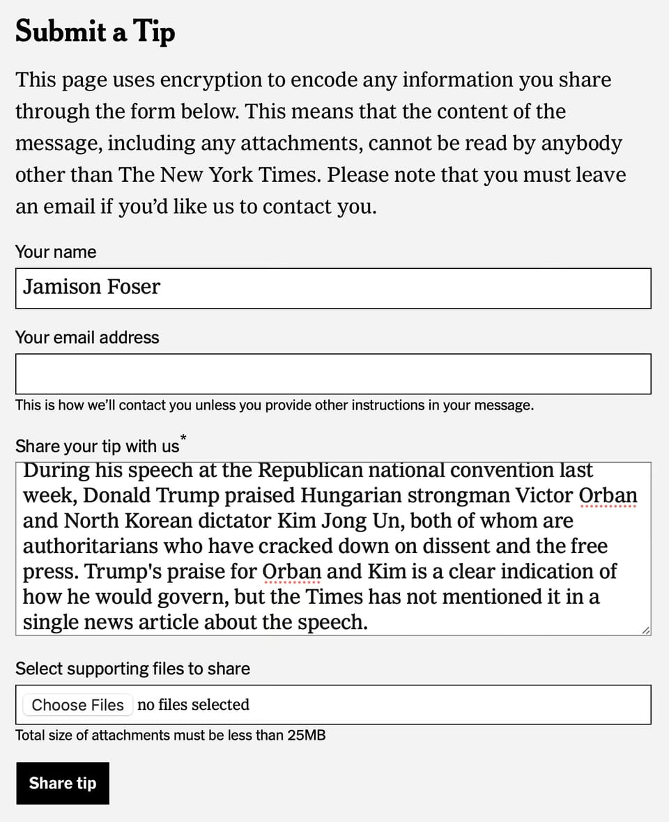Tell the New York Times Donald Trump's praise for dictators is newsworthy